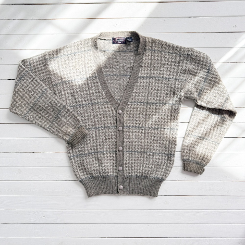 Pacific Club 80s vtg taupe cream houndstooth plaid wool cardigan size M‎